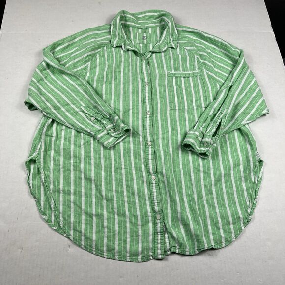 Aerie Green White Striped Linen Blend Button Shirt Large Coastal Casual Tunic - Picture 1 of 11